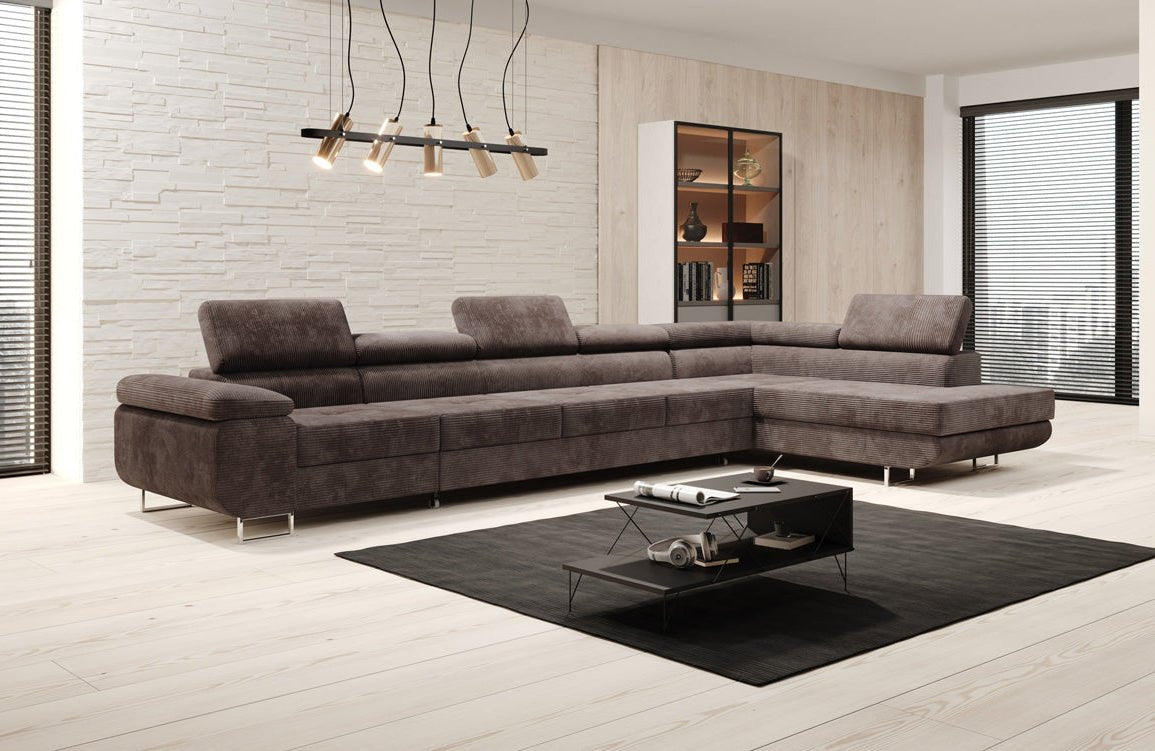 Projektowana sofa Maxi z funkcją spania i składania, obita kordem