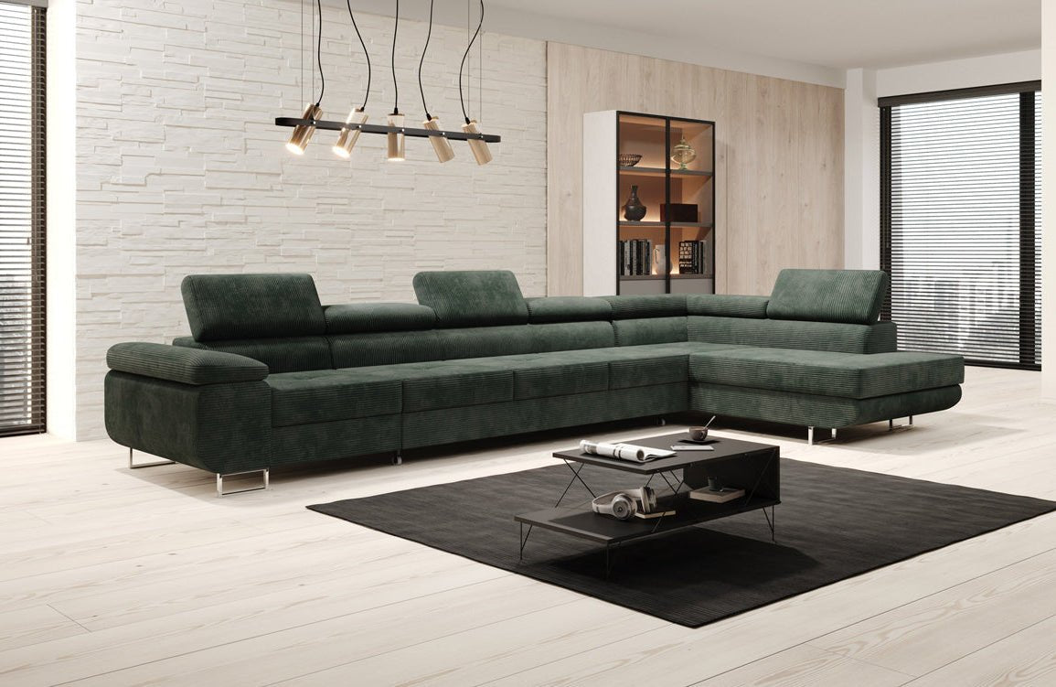 Projektowana sofa Maxi z funkcją spania i składania, obita kordem