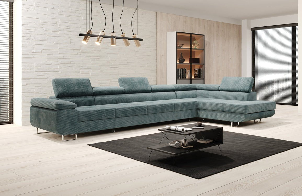 Projektowana sofa Maxi z funkcją spania i składania, obita kordem