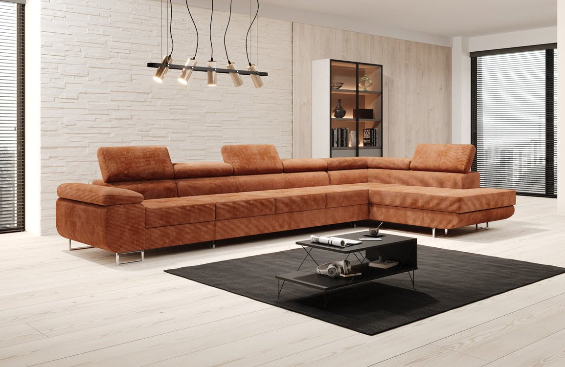 Projektowana sofa Maxi z funkcją spania i składania, obita kordem