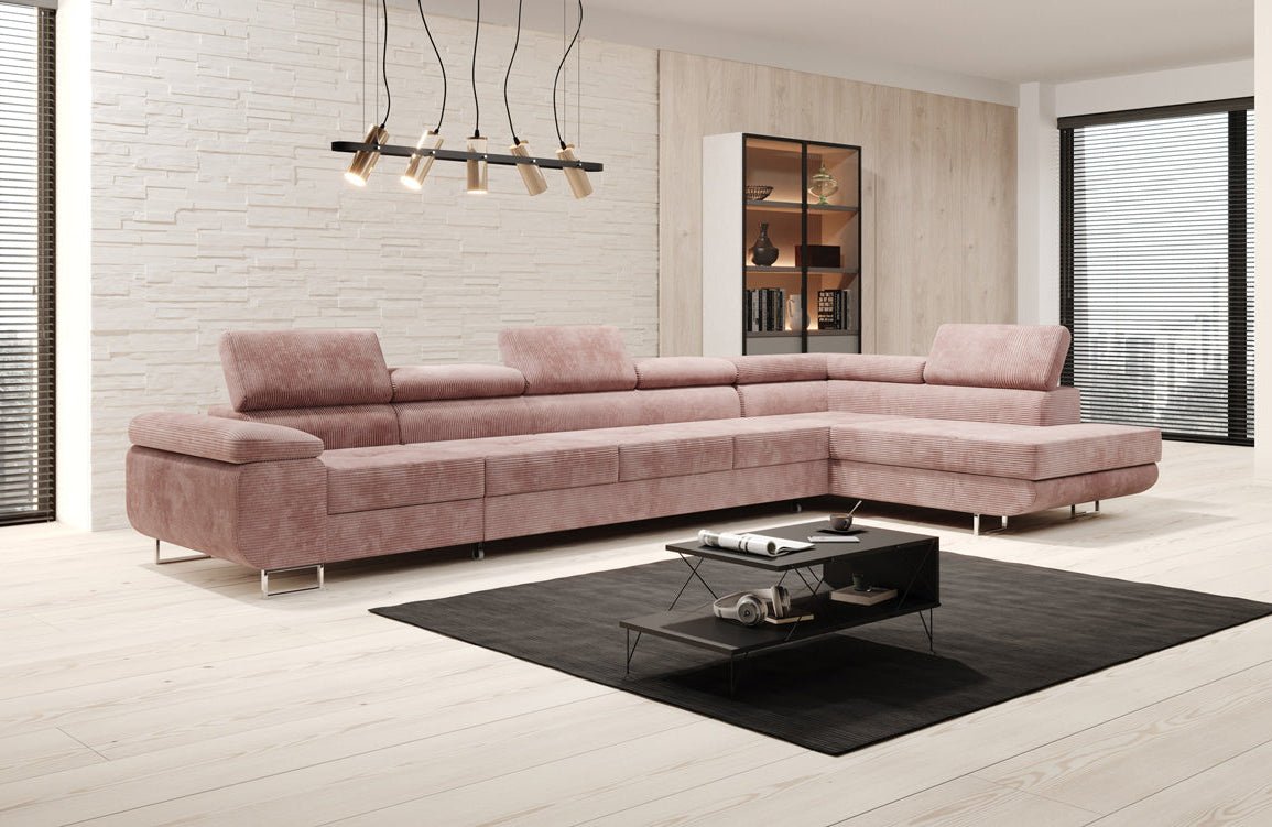 Projektowana sofa Maxi z funkcją spania i składania, obita kordem
