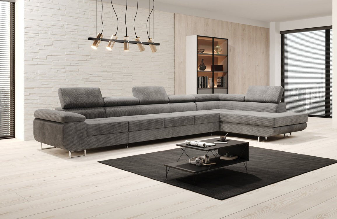 Projektowana sofa Maxi z funkcją spania i składania, obita kordem