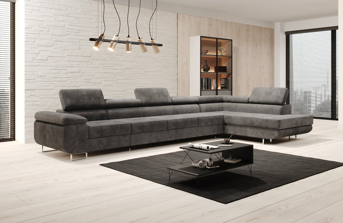 Projektowana sofa Maxi z funkcją spania i składania, obita kordem