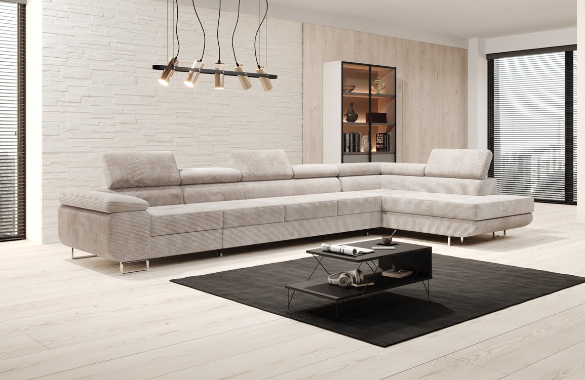 Projektowana sofa Maxi z funkcją spania i składania, obita kordem