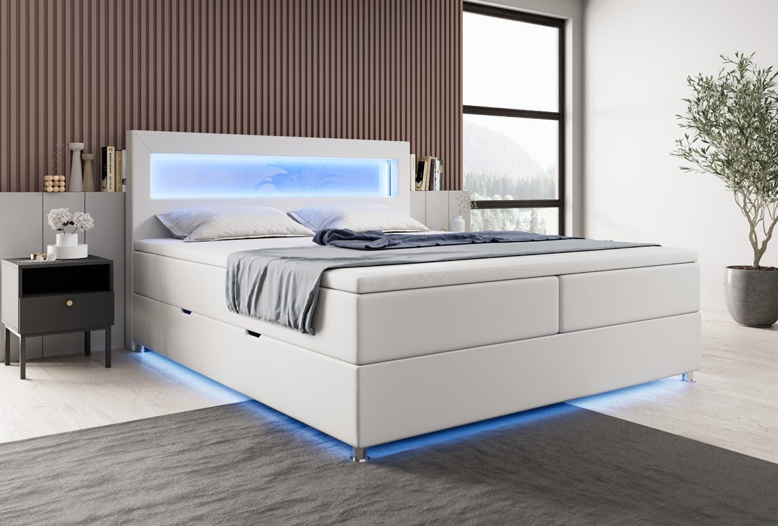 Łóżko kontynentalne Relax z LED, miejscem do przechowywania i USB/C