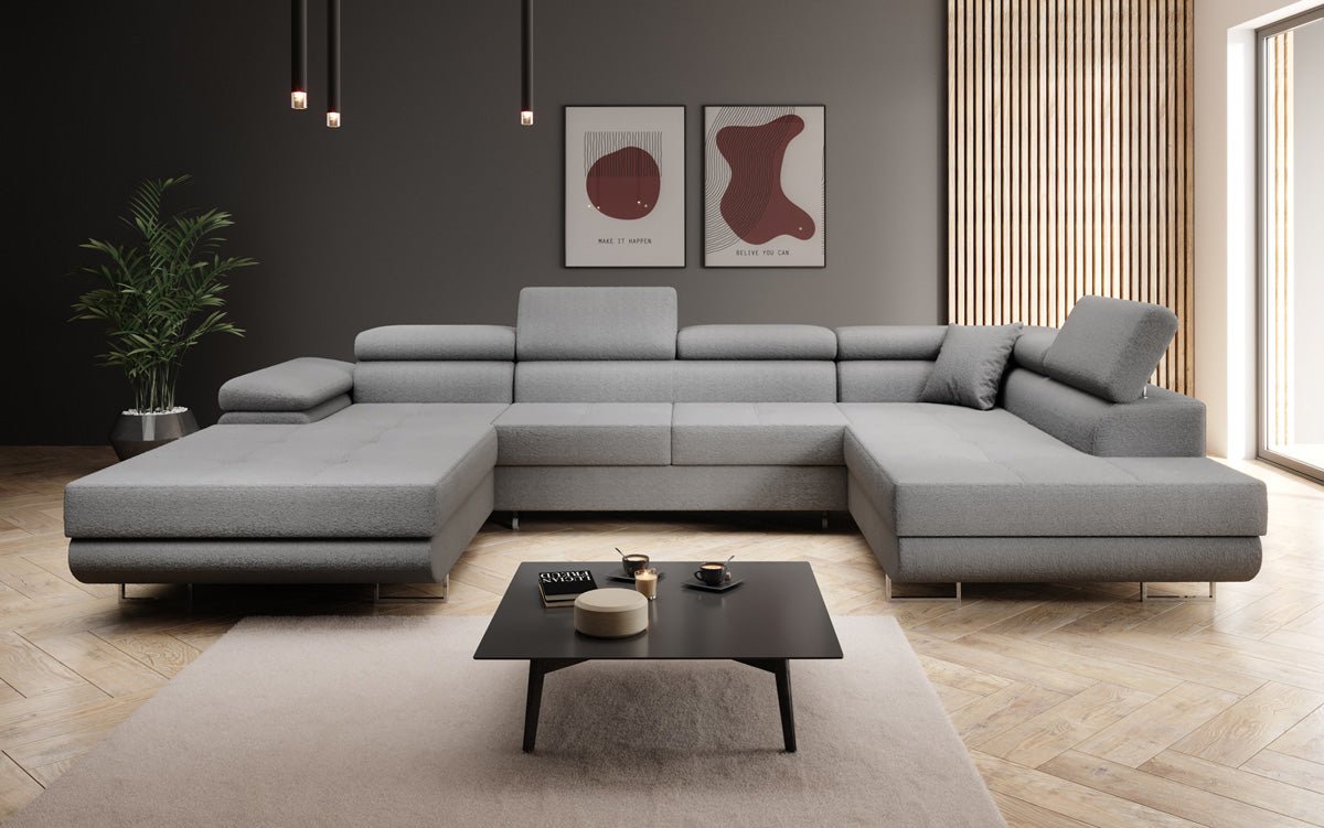 Projektowana sofa Lago z funkcją spania i składania w bouclé